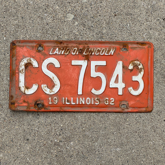Photo of a 1962 Illinois License Plate Auto Tag Garage Decor Vintage CS 7543 with original patina