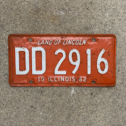 Photo of a 1962 Illinois License Plate Auto Tag Garage Decor Vintage DD 2916 with original patina