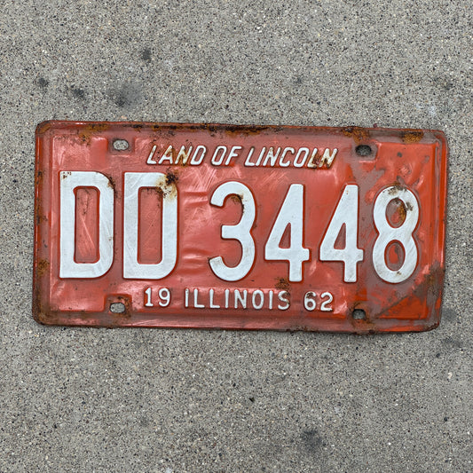 Photo of a 1962 Illinois License Plate Auto Tag Garage Decor Vintage DD 3448 with original patina