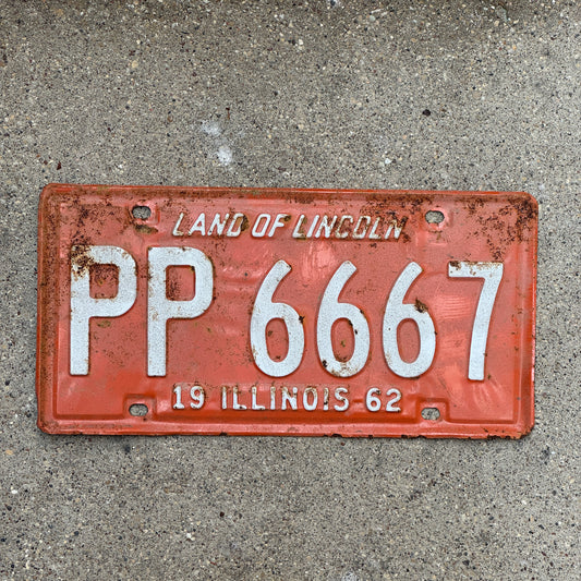 Photo of a 1962 Illinois License Plate Auto Tag Garage Decor Vintage Devil Evil 666 Repeat Repeating PP 6667 with original patina