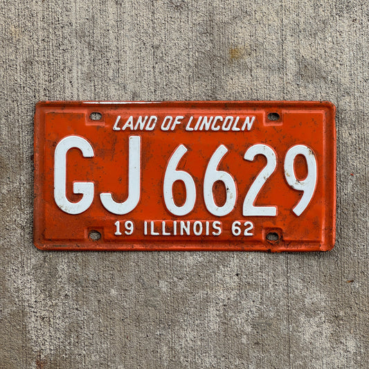 Photo of a 1962 Illinois License Plate Auto Tag Garage Decor Vintage GJ 6629 with original patina