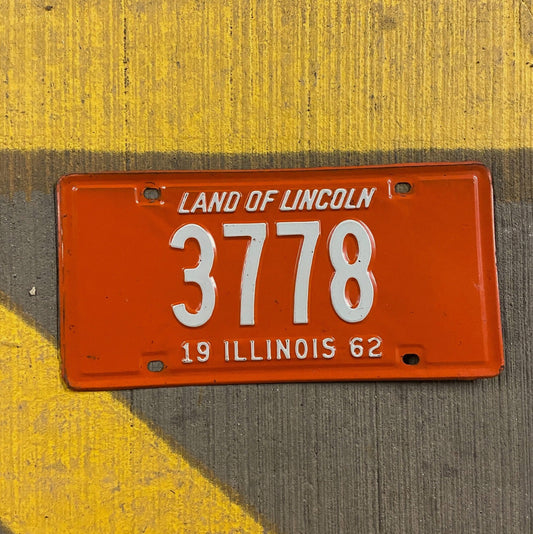 Photo of a 1962 Illinois License Plate Auto Tag Garage Decor Vintage Low Number Four Digit 3778 with original patina
