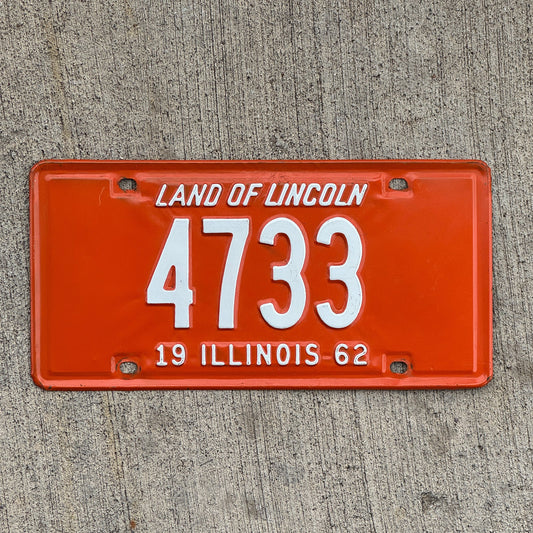 Photo of a 1962 Illinois License Plate Auto Tag Garage Decor Vintage Low Number Four Digit 4733 with original patina