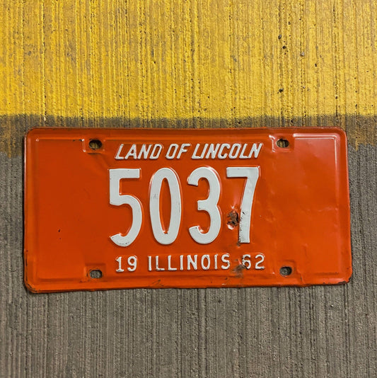 Photo of a 1962 Illinois License Plate Auto Tag Garage Decor Vintage Low Number Four Digit 5037 with original patina