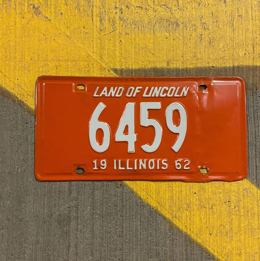 Photo of a 1962 Illinois License Plate Auto Tag Garage Decor Vintage Low Number Four Digit 6459 with original patina