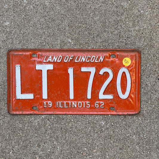 Photo of a 1962 Illinois License Plate Auto Tag Garage Decor Vintage LT 1720 with original patina