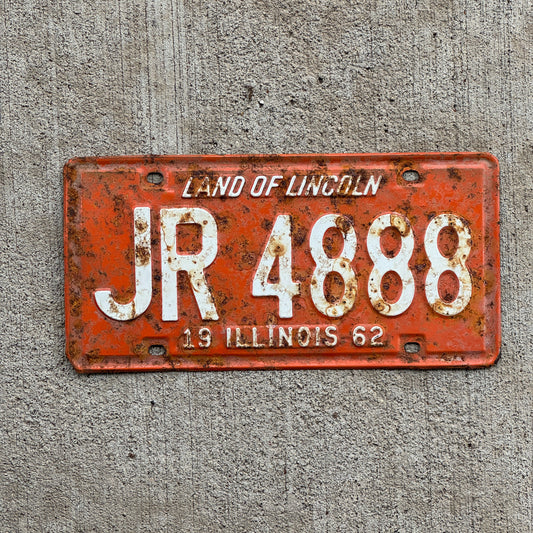 Photo of a 1962 Illinois License Plate Auto Tag Garage Decor Vintage Repeat Repeating JR 4888 with original patina