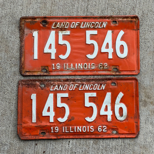 Photo of a 1962 Illinois License Plate Pair Auto Tag Garage Decor Vintage 145 546 with original patina