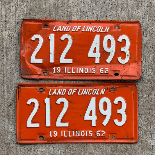 Photo of a 1962 Illinois License Plate Pair Auto Tag Garage Decor Vintage 212 493 with original patina