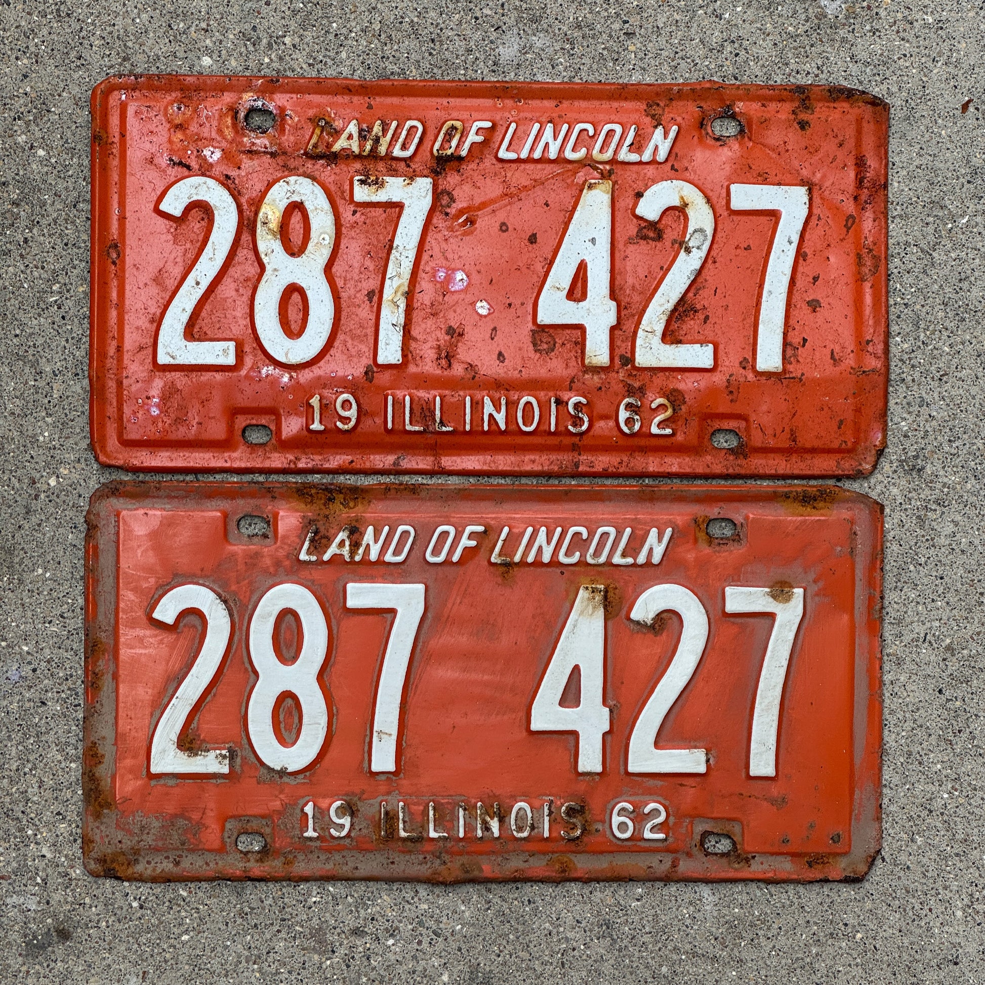 Photo of a 1962 Illinois License Plate Pair Auto Tag Garage Decor Vintage 287 427 with original patina
