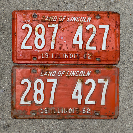 Photo of a 1962 Illinois License Plate Pair Auto Tag Garage Decor Vintage 287 427 with original patina