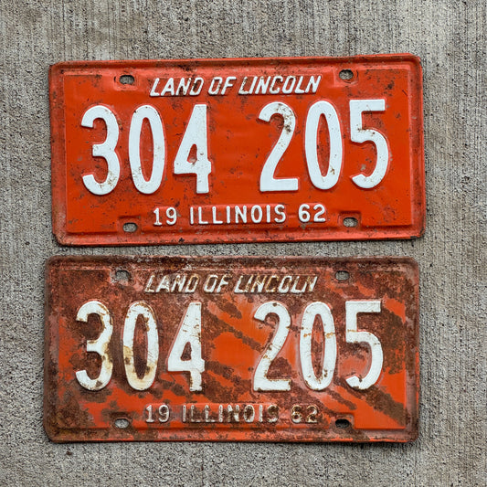 Photo of a 1962 Illinois License Plate Pair Auto Tag Garage Decor Vintage 304 205 with original patina