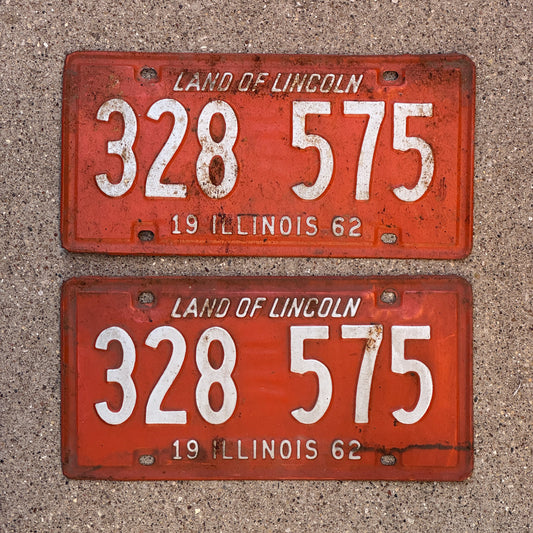 Photo of a 1962 Illinois License Plate Pair Auto Tag Garage Decor Vintage 328 575 with original patina