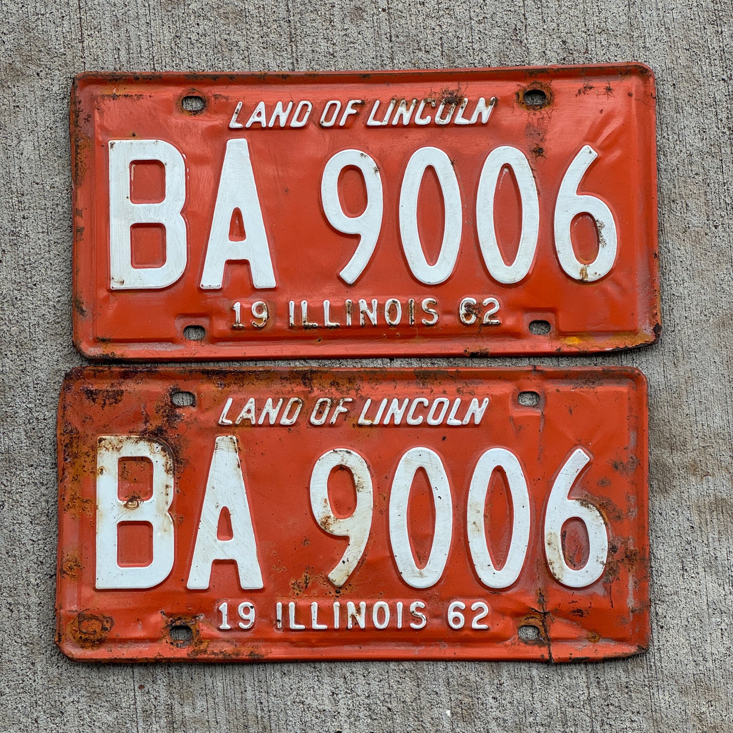 Photo of a 1962 Illinois License Plate Pair Auto Tag Garage Decor Vintage BA 9006 with original patina
