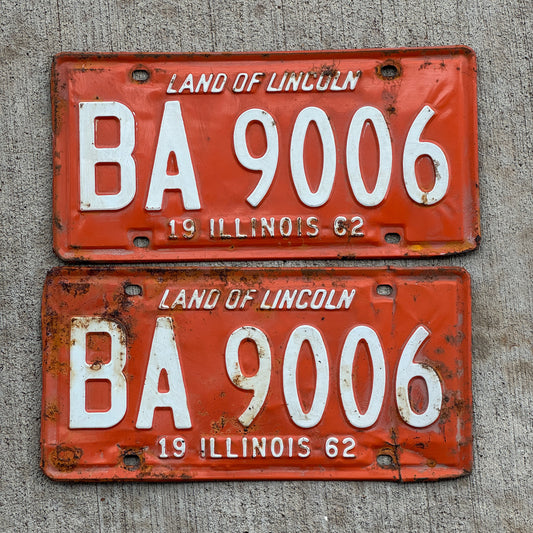 Photo of a 1962 Illinois License Plate Pair Auto Tag Garage Decor Vintage BA 9006 with original patina