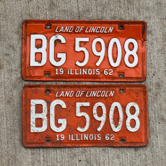 Photo of a 1962 Illinois License Plate Pair Auto Tag Garage Decor Vintage BG 5908 with original patina