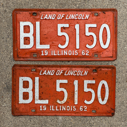 Photo of a 1962 Illinois License Plate Pair Auto Tag Garage Decor Vintage BL 5150 with original patina