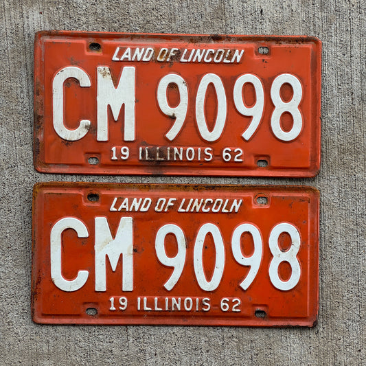 Photo of a 1962 Illinois License Plate Pair Auto Tag Garage Decor Vintage CM 9098 with original patina