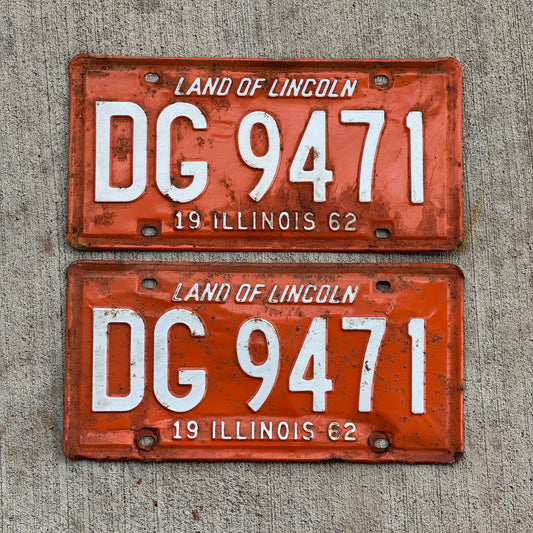 Photo of a 1962 Illinois License Plate Pair Auto Tag Garage Decor Vintage DG 9471 with original patina
