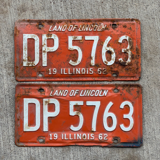 Photo of a 1962 Illinois License Plate Pair Auto Tag Garage Decor Vintage DP 5763 with original patina