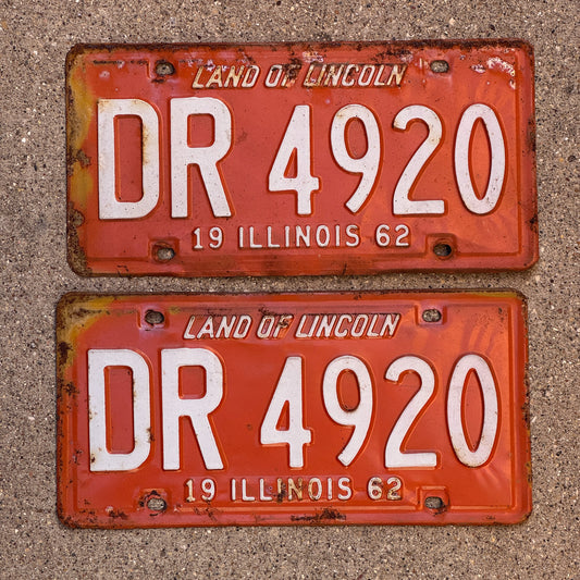 Photo of a 1962 Illinois License Plate Pair Auto Tag Garage Decor Vintage DR 4920 with original patina
