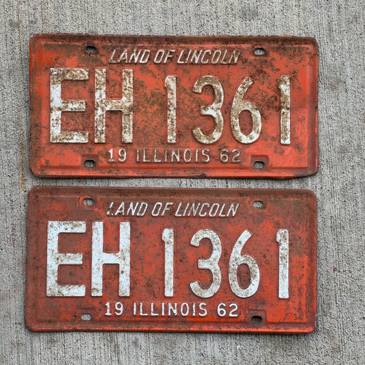 Photo of a 1962 Illinois License Plate Pair Auto Tag Garage Decor Vintage EH 1361 with original patina