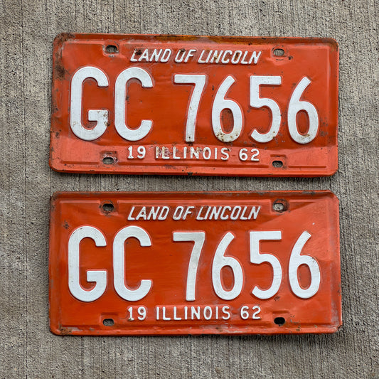Photo of a 1962 Illinois License Plate Pair Auto Tag Garage Decor Vintage GC 7656 with original patina