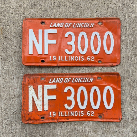 Photo of a 1962 Illinois License Plate Pair Auto Tag Garage Decor Vintage Great Number NF 3000 with original patina