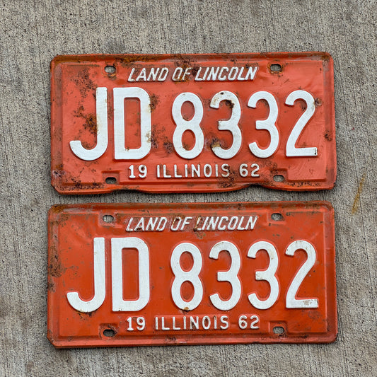 Photo of a 1962 Illinois License Plate Pair Auto Tag Garage Decor Vintage JD 8332 with original patina