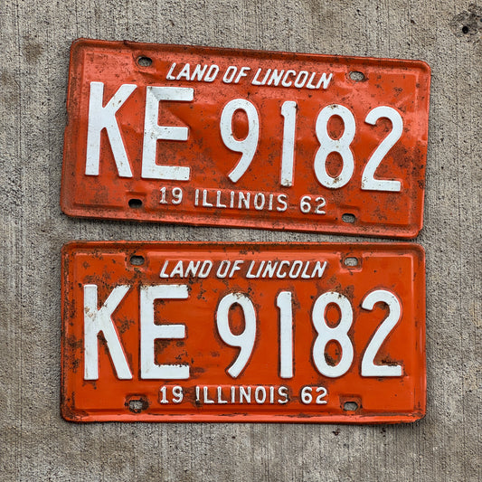 Photo of a 1962 Illinois License Plate Pair Auto Tag Garage Decor Vintage KE 9182 with original patina
