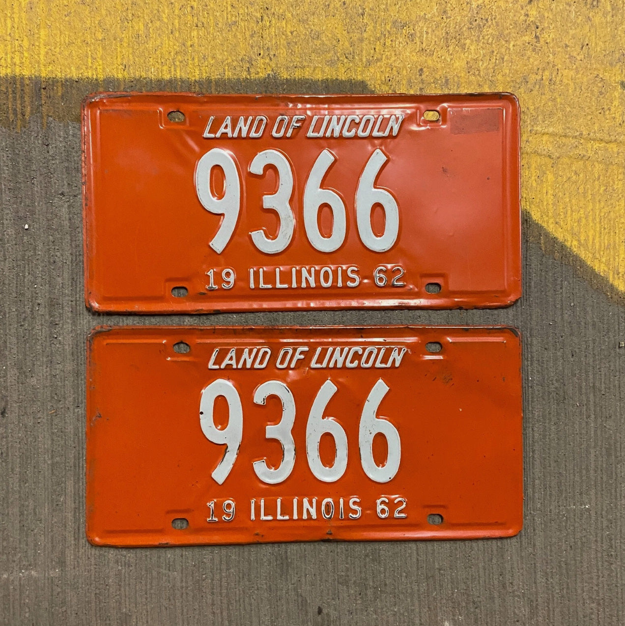 Photo of a 1962 Illinois License Plate Pair Auto Tag Garage Decor Vintage Low Number Four Digit 9366 with original patina