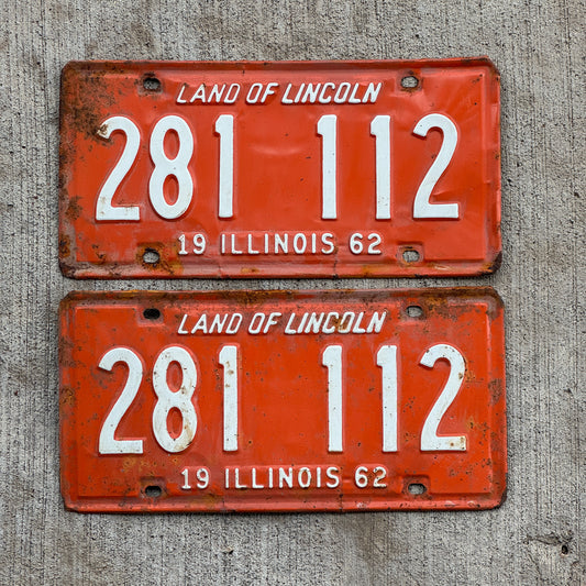 Photo of a 1962 Illinois License Plate Pair Auto Tag Garage Decor Vintage Repeat Repeating 281 112 with original patina