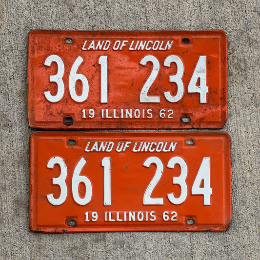 Photo of a 1962 Illinois License Plate Pair Auto Tag Garage Decor Vintage Straight Nice Number 361 234 with original patina