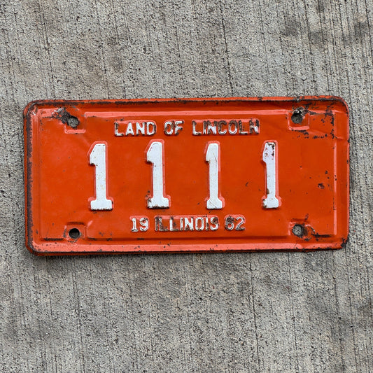 Photo of a 1962 Illinois Motorcycle License Plate Auto Tag Garage Decor Vintage Repeat Repeating 1111 with original patina