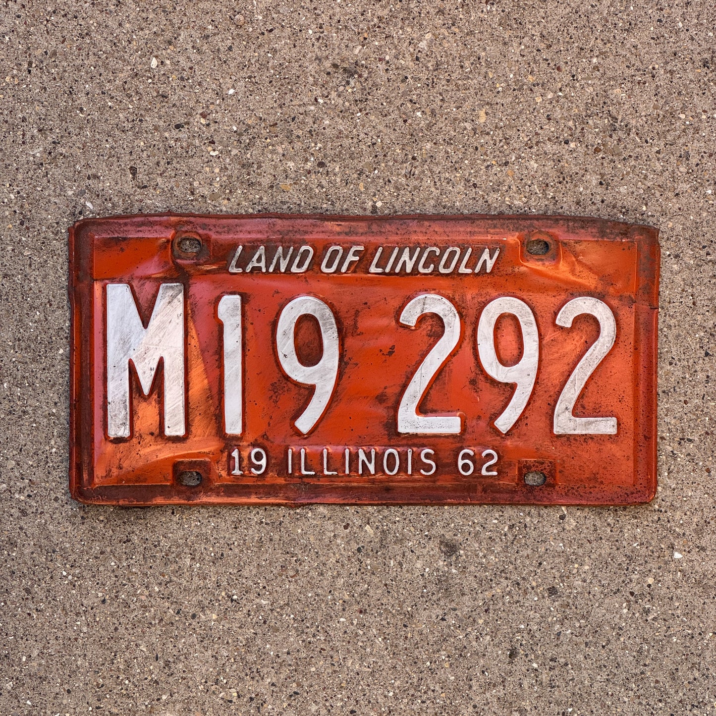 Photo of a 1962 Illinois Municipal License Plate Auto Tag 2 Vintage Garage M 19 292 with original patina