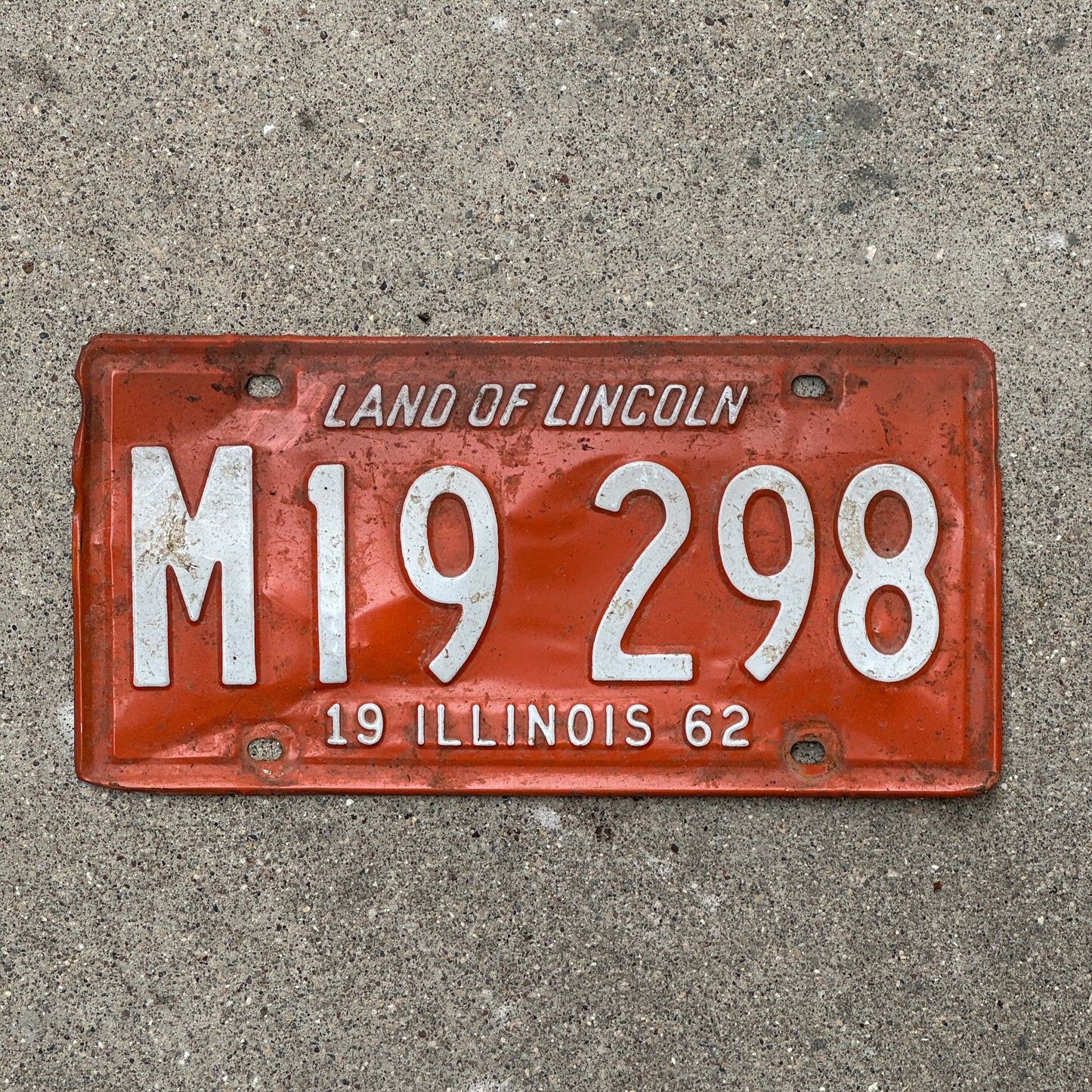 Photo of a 1962 Illinois Municipal License Plate Auto Tag Garage Decor Vintage M 19 298 with original patina