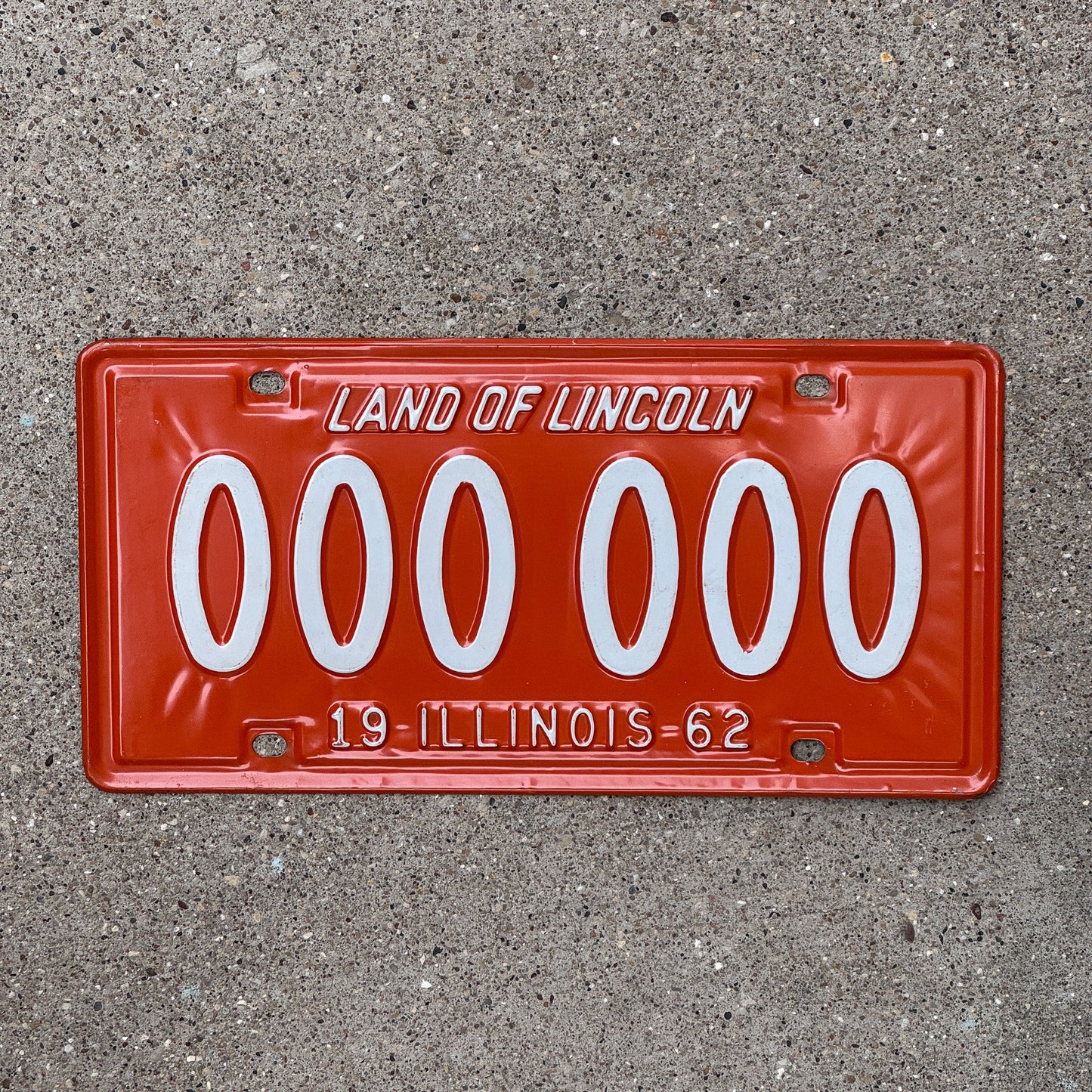 Photo of a 1962 Illinois Sample License Plate Auto Tag Garage Decor Vintage 000 000 with original patina