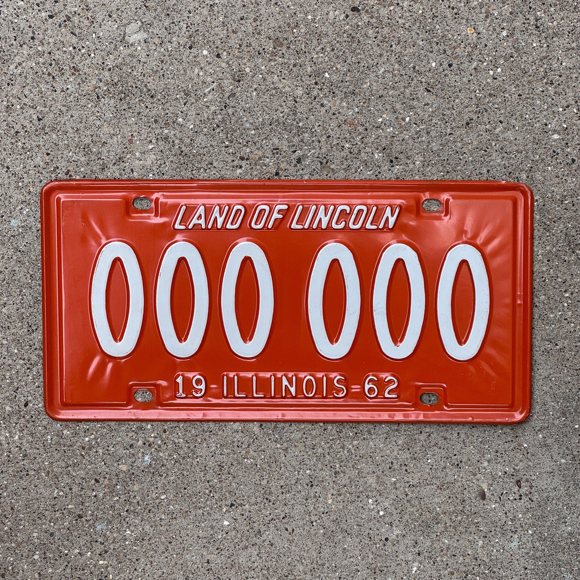 Photo of a 1962 Illinois Sample License Plate Auto Tag Garage Decor Vintage 000 000 with original patina