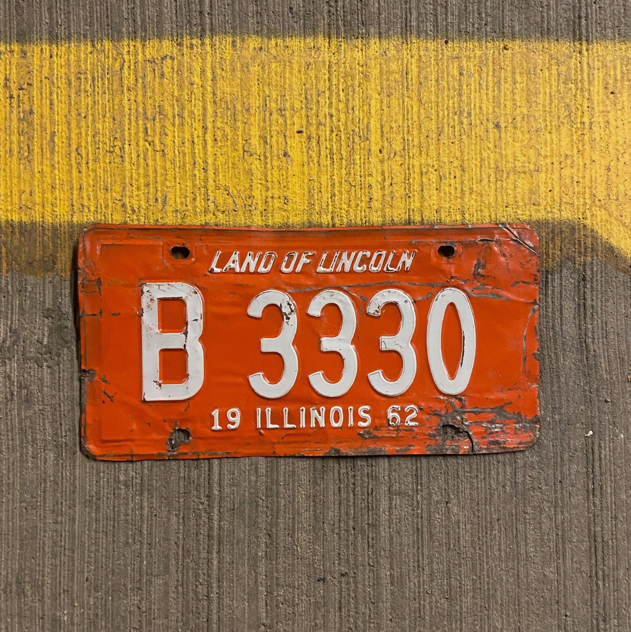 Photo of a 1962 Illinois Truck License Plate Auto Tag Garage Decor Vintage 333 Repeat Repeating B 3330 with original patina