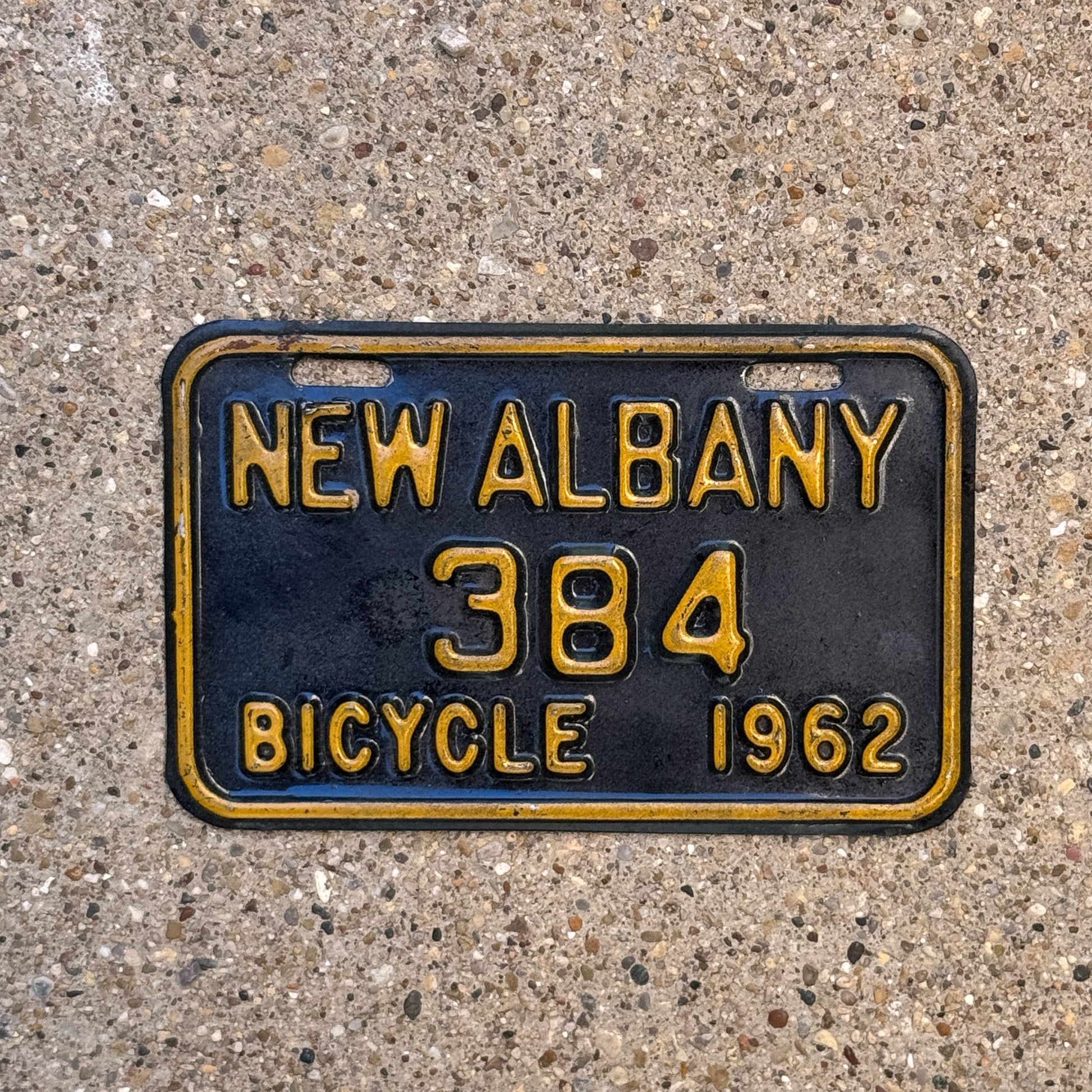Photo of a 1962 Indiana Bicycle License Plate Auto Tag Garage Decor Vintage New Albany Bike 384 with original patina