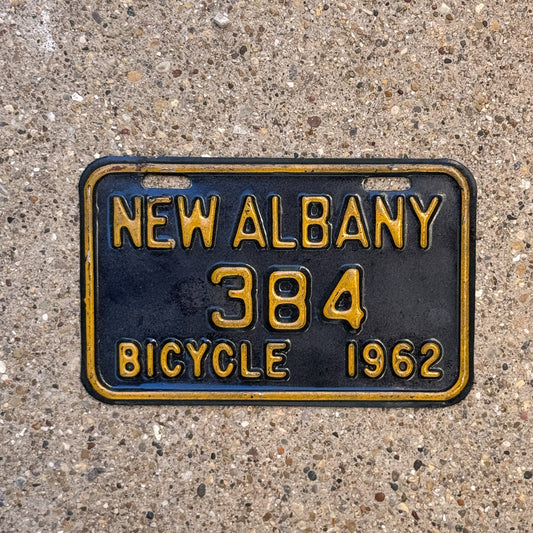 Photo of a 1962 Indiana Bicycle License Plate Auto Tag Garage Decor Vintage New Albany Bike 384 with original patina