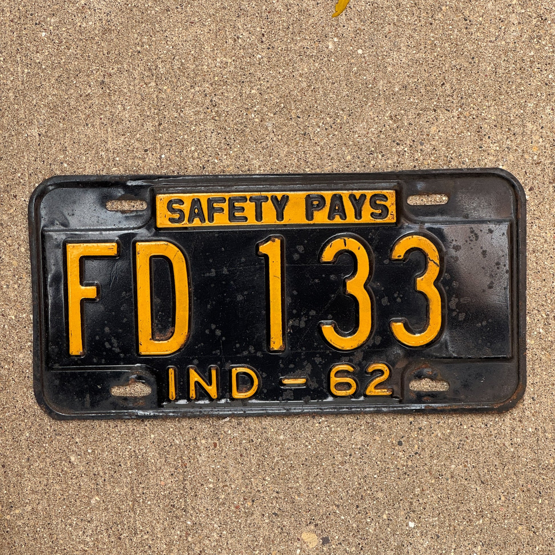 Photo of a 1962 Indiana License Plate Auto Tag Garage Decor Vintage FD 133 with original patina