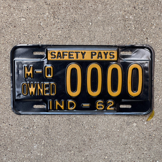Photo of a 1962 Indiana Municipal Owned License Plate Auto Tag Garage Decor Vintage Sample 0000 with original patina