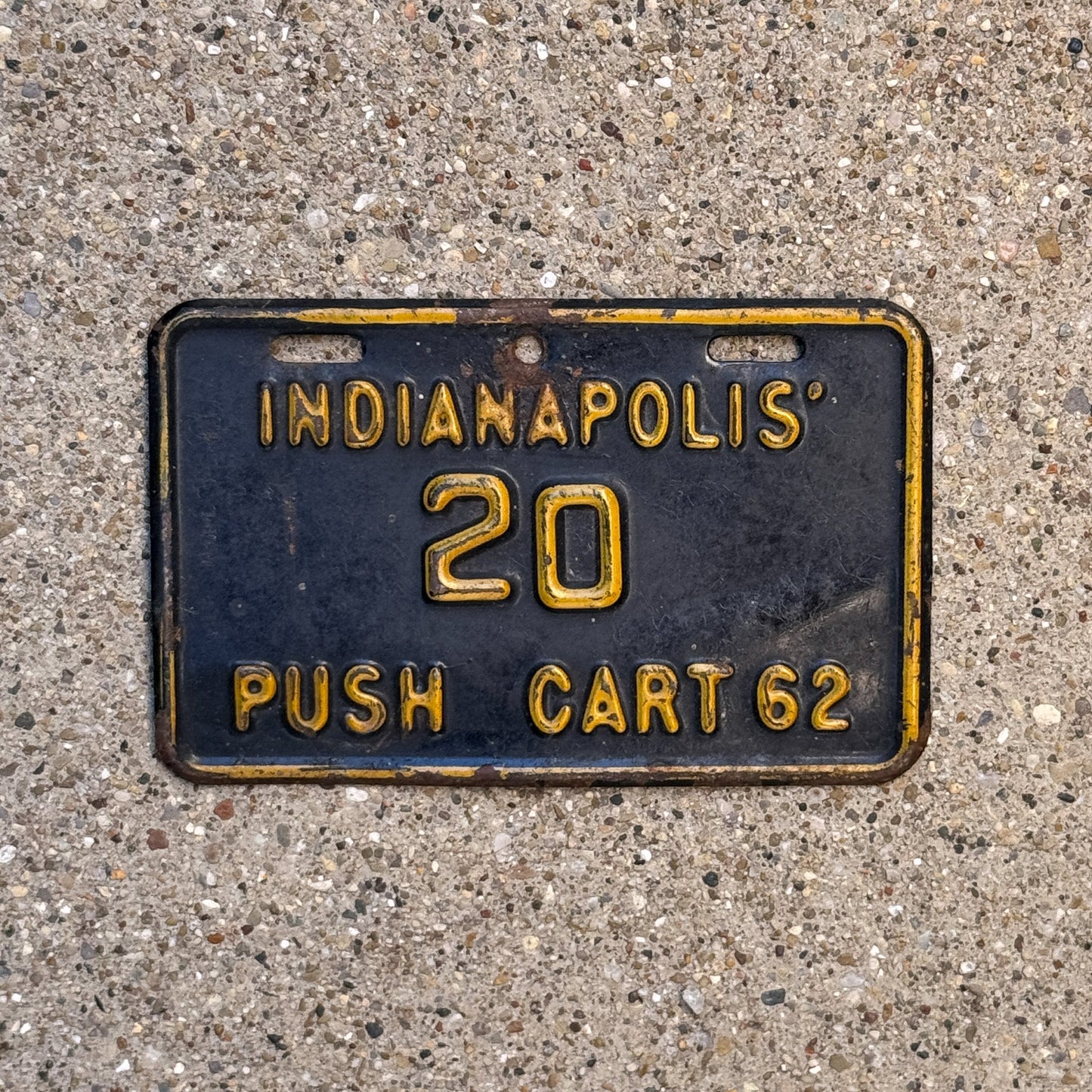 Photo of a 1962 Indiana Push Cart License Plate Auto Tag Garage Decor Vintage Indianapolis 20 with original patina