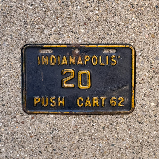 Photo of a 1962 Indiana Push Cart License Plate Auto Tag Garage Decor Vintage Indianapolis 20 with original patina