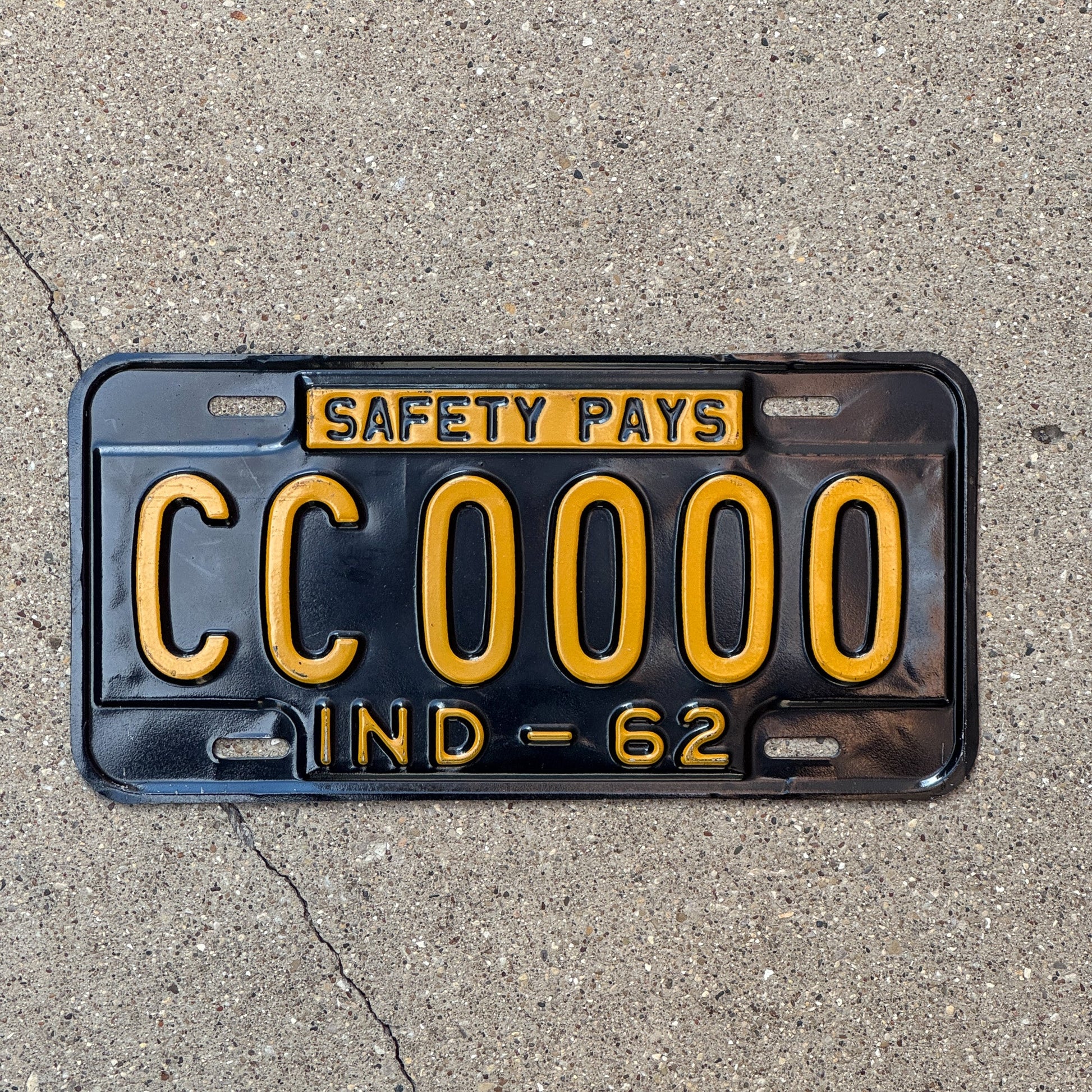 Photo of a 1962 Indiana Sample License Plate Auto Tag 2 Garage Decor CC 0000 with original patina