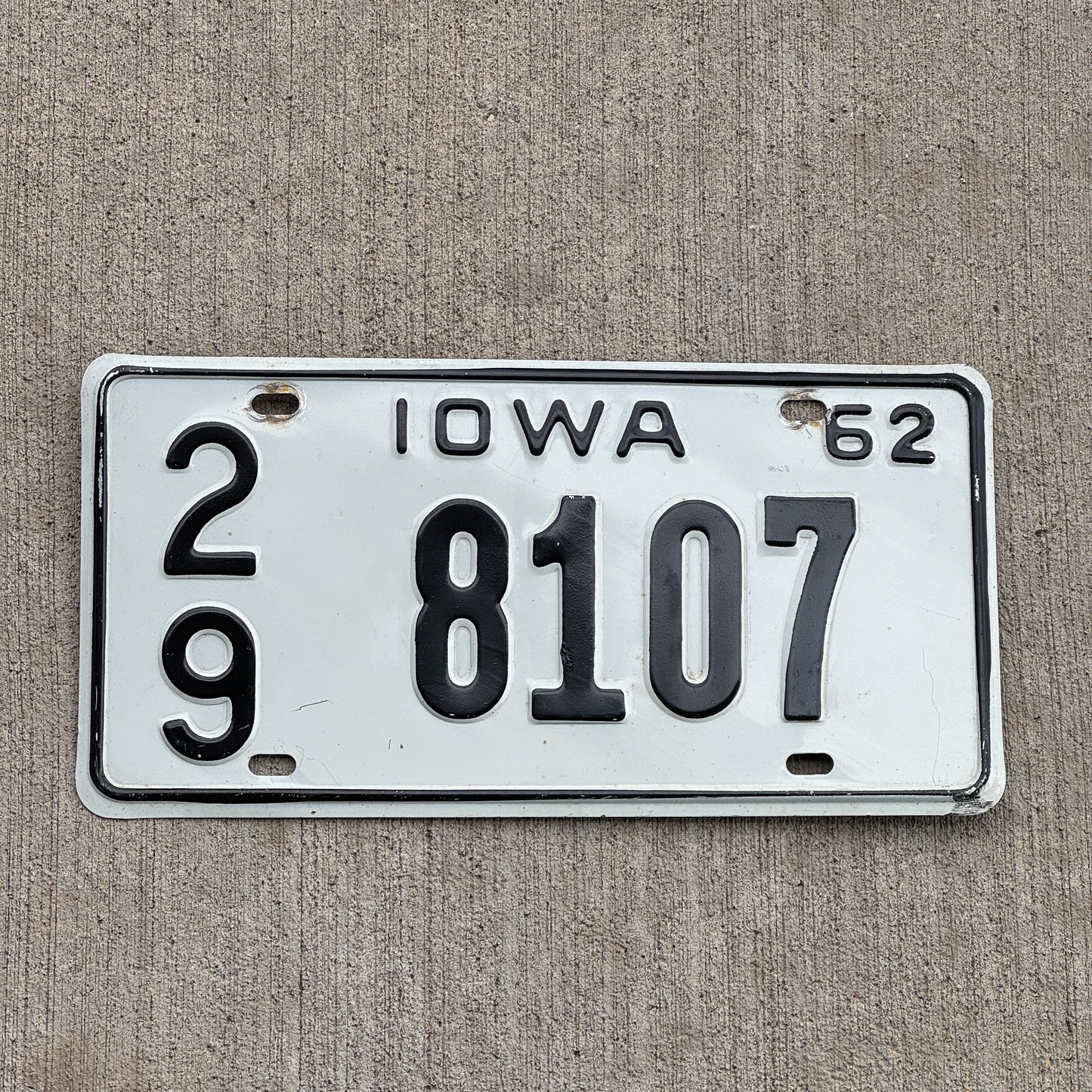 Photo of a 1962 Iowa License Plate Auto Tag Garage Decor Vintage 29 8107 with original patina