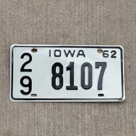 Photo of a 1962 Iowa License Plate Auto Tag Garage Decor Vintage 29 8107 with original patina