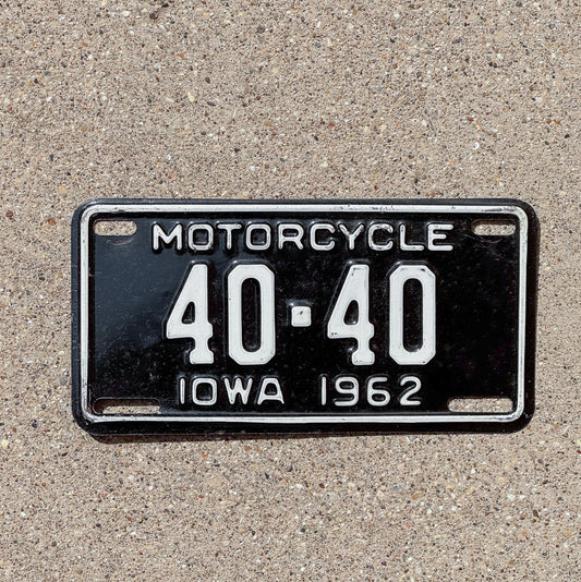 Photo of a 1962 Iowa Motorcycle License Plate Auto Tag Repeat Repeating Hamilton County 40 40 with original patina