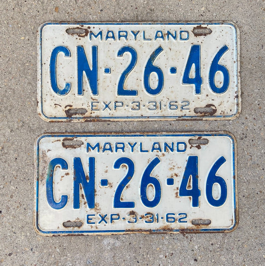 Photo of a 1962 Maryland License Plate Pair Auto Tag Garage Decor Vintage CN 26 46 with original patina